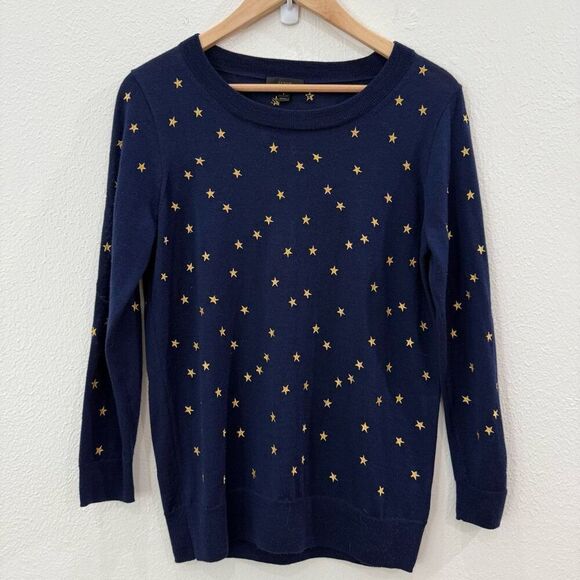 J. Crew Women's Small Navy Blue 100% Merino Wool Tippi Sweater Embroidered Stars - Picture 2 of 10